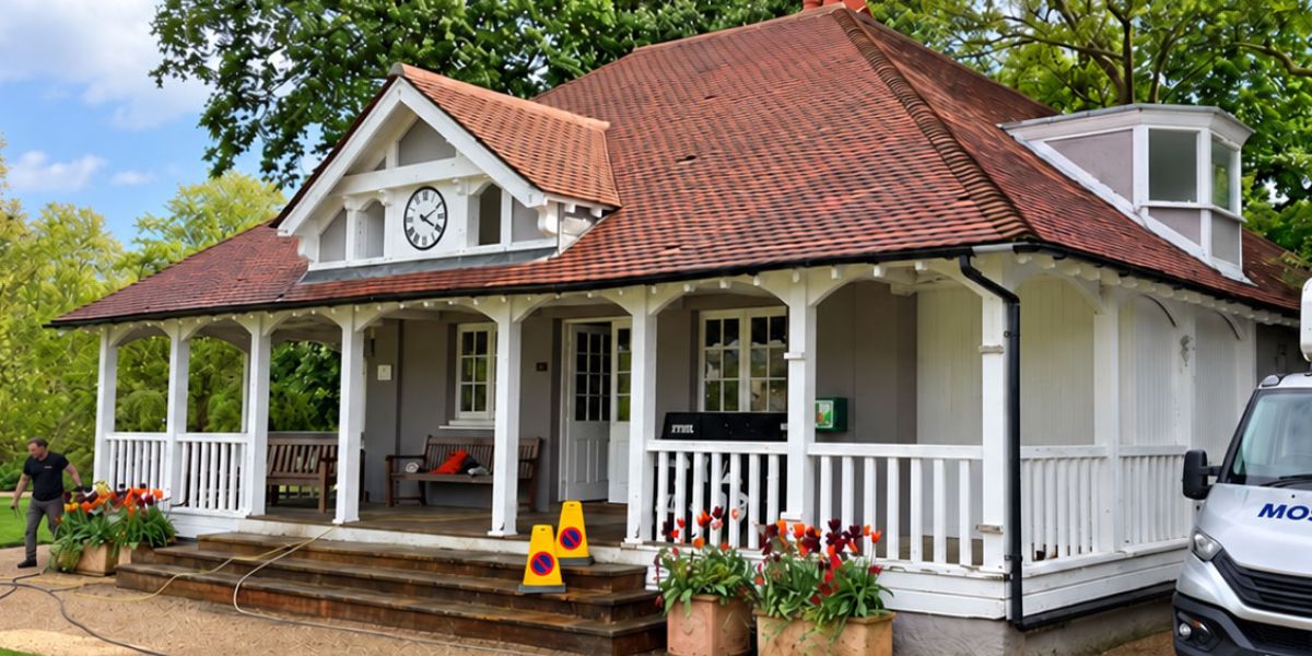 Cricket pavilion at an Oxford University college with a cleaned tiled roof, Mossinator cherry picker and ground protection boards on the lawn.